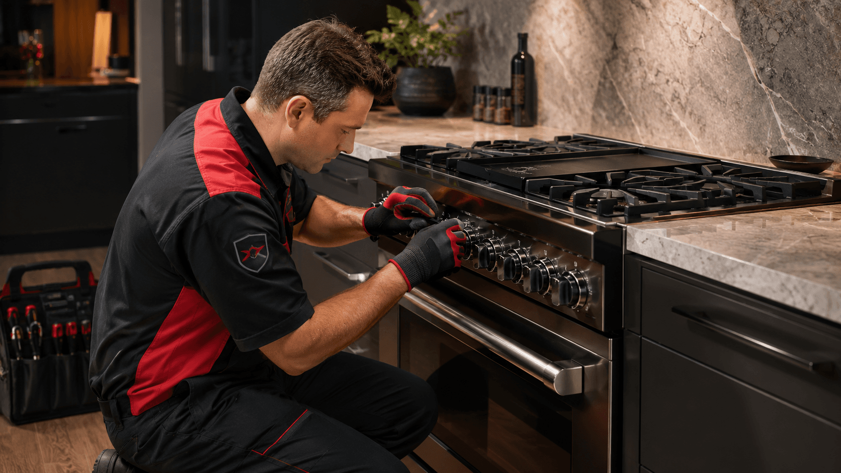 Technician diagnosing an appliance